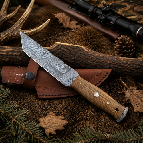 A Damascus steel hunting knife with a patterned steel blade and a light brown wooden handle, resting on its brown leather sheath. The knife is styled in a rustic outdoor setting with deer antlers, a rifle scope, pine needles, and dry leaves.