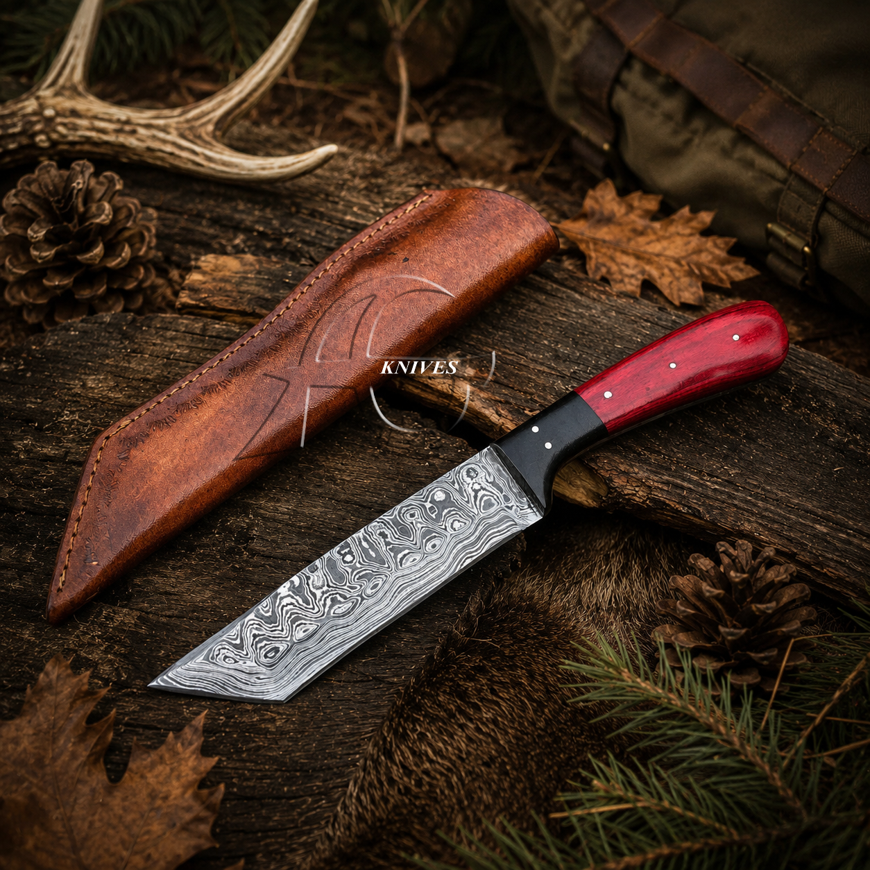 A Damascus steel fixed-blade knife with a red handle and black bolster, displayed next to its brown leather sheath on a rustic wood surface with pinecones, evergreen branches, and dried leaves.