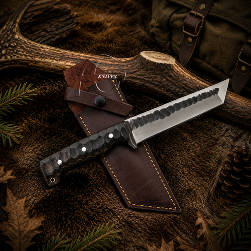 A fixed-blade knife with a hammered black handle and a textured silver blade rests diagonally on a brown leather sheath, set against a rustic outdoor-themed background of fur, antlers, pine needles, and a backpack.