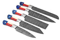 Five kitchen knives with patterned Damascus steel blades and red, white, and blue handles, arranged diagonally on a white background.