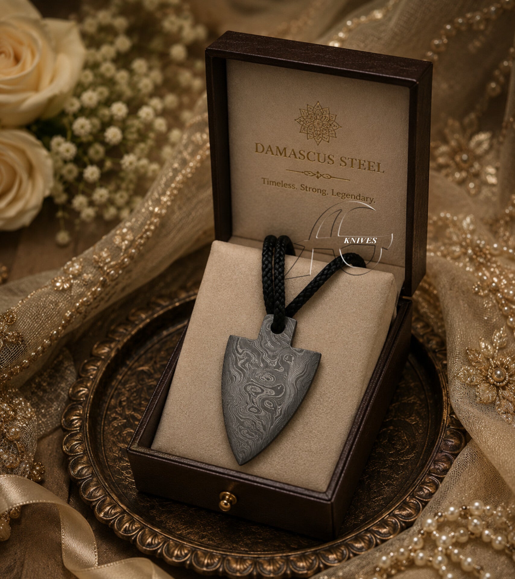 A Damascus steel arrowhead pendant necklace displayed inside an open dark brown presentation box with a beige insert. The box lid is printed with the text 'DAMASCUS STEEL' and 'Timeless.