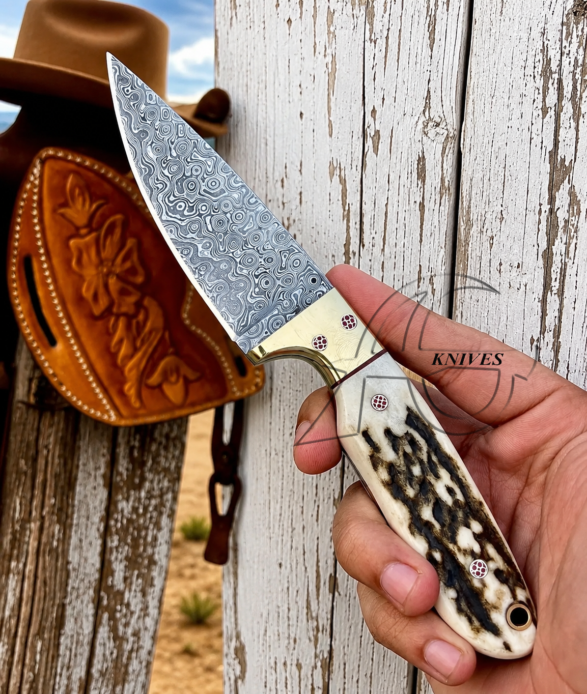 A hand holding a fixed-blade knife with a patterned steel blade and a carved bone handle, positioned in front of a rustic white wooden fence. A brown leather sheath and cowboy hat are visible in the background.