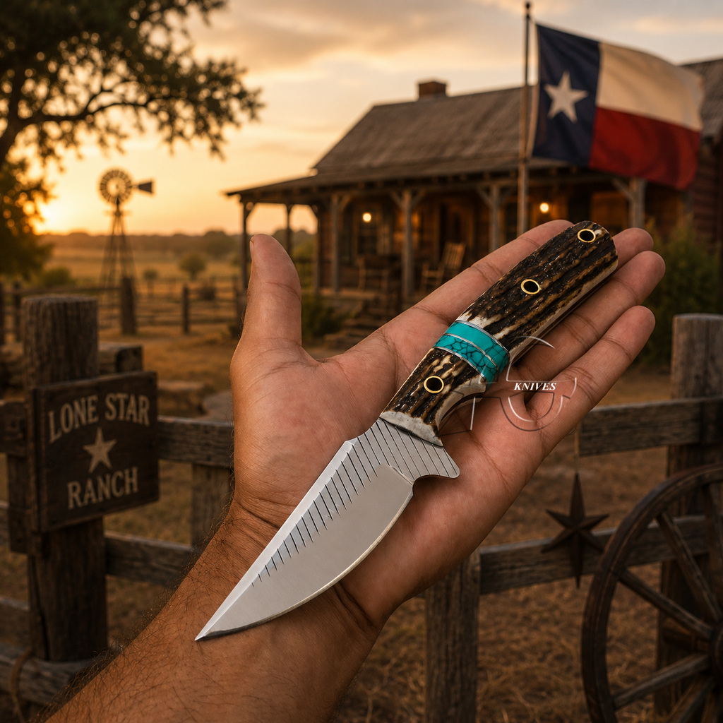 A hand holds a fixed-blade knife with a silver blade and a dark wood handle featuring a turquoise band, set against a rustic ranch background at sunset with a Texas flag and 'Lone Star Ranch' sign.