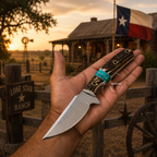 A hand holds a fixed-blade knife with a silver blade and a dark wood handle featuring a turquoise band, set against a rustic ranch background at sunset with a Texas flag and 'Lone Star Ranch' sign.