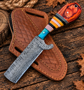 Fancy Cowboy Bull Cutter Damascus Blade Exotic Wood Multi-Color Spacer Handle 7" with Leather Sheath