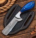 Cowboy Bull Cutter Western Belt Knife Damascus Blade Blue Exotic Wood Handle 7" with Leather Sheath