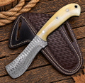 Frontier Bull Cutter Belt Knife Damascus Blade Camel Bone Handle 7" with Leather Sheath