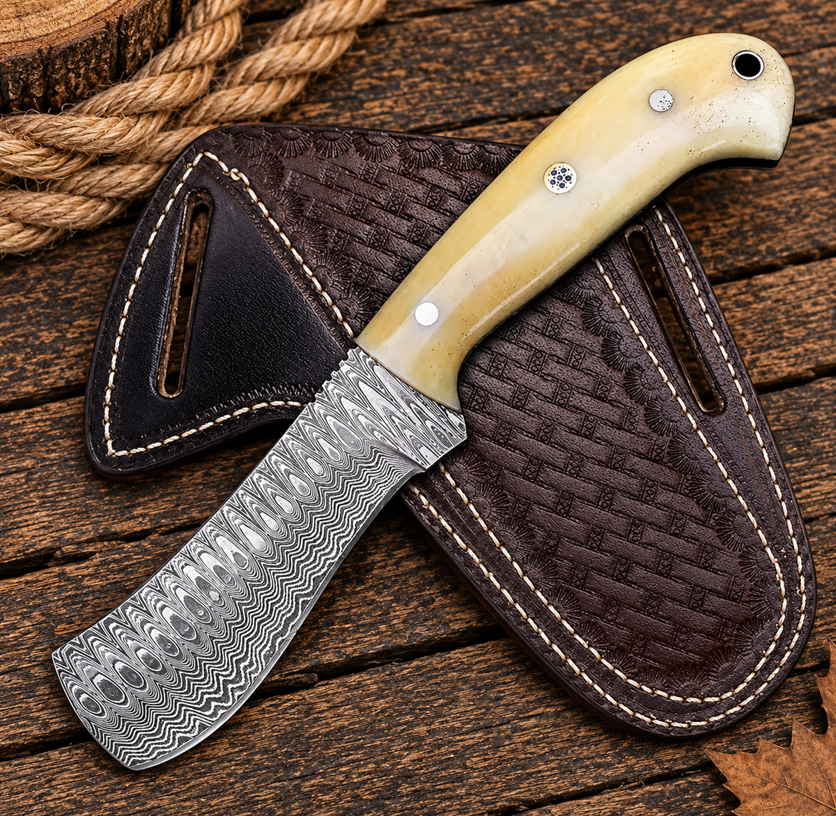 Frontier Bull Cutter Belt Knife Damascus Blade Camel Bone Handle 7" with Leather Sheath