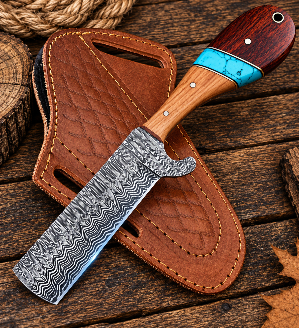 Cowboy Bull Cutter Western Belt Knife Damascus Blade Ironwood Olive Wood Turquoise Handle 7" with Leather Sheath