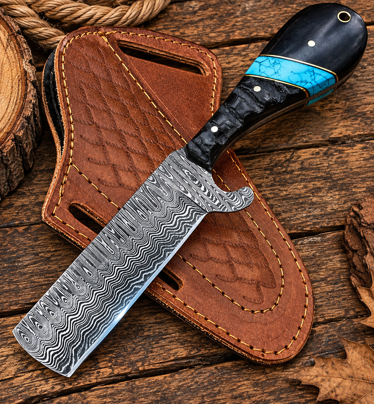 Cowboy Bull Cutter Western Belt Knife Damascus Blade Black Horn Turquoise Handle 7" with Leather Sheath