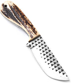 A fixed-blade knife with a textured, patterned brown and beige handle and a patterned silver steel blade, shown on a plain white background.