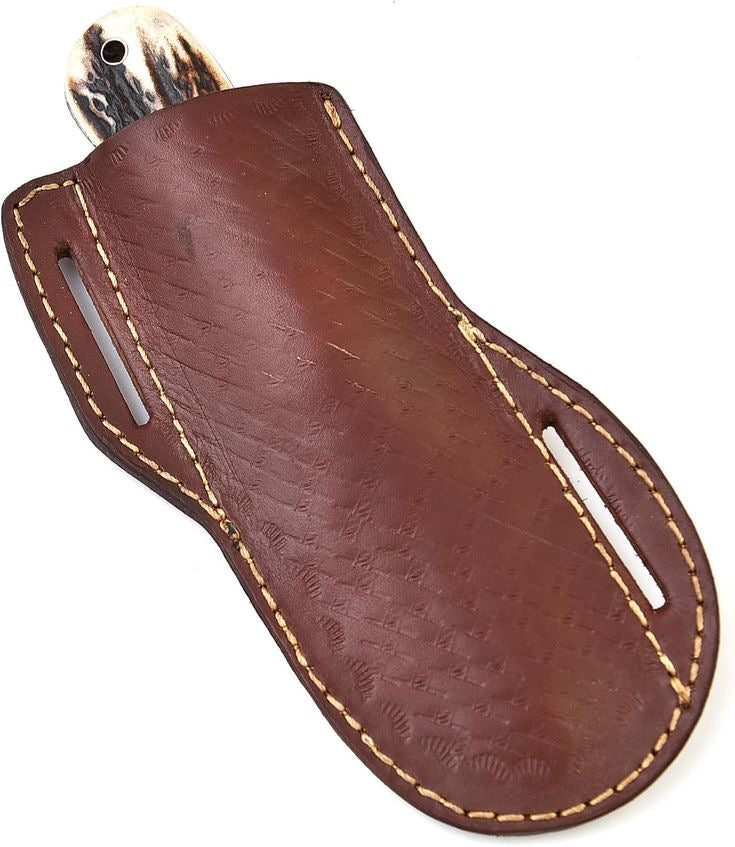 A brown leather knife sheath with contrast tan stitching, holding a knife with a dark and cream patterned handle, shown on a white background.