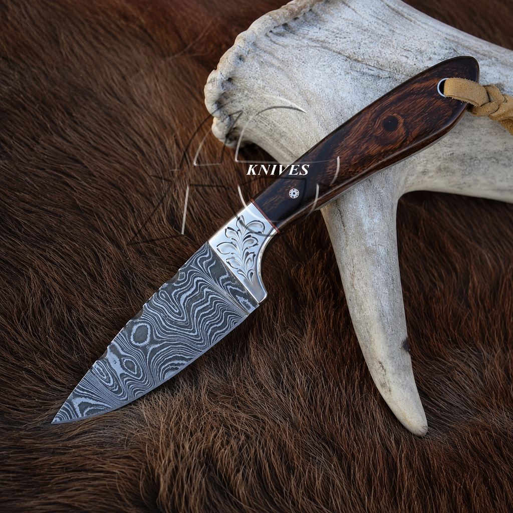 Handcrafted Damascus Blade Western Belt Knife Chocolate Wood Handle 8" Holster Leather Sheath