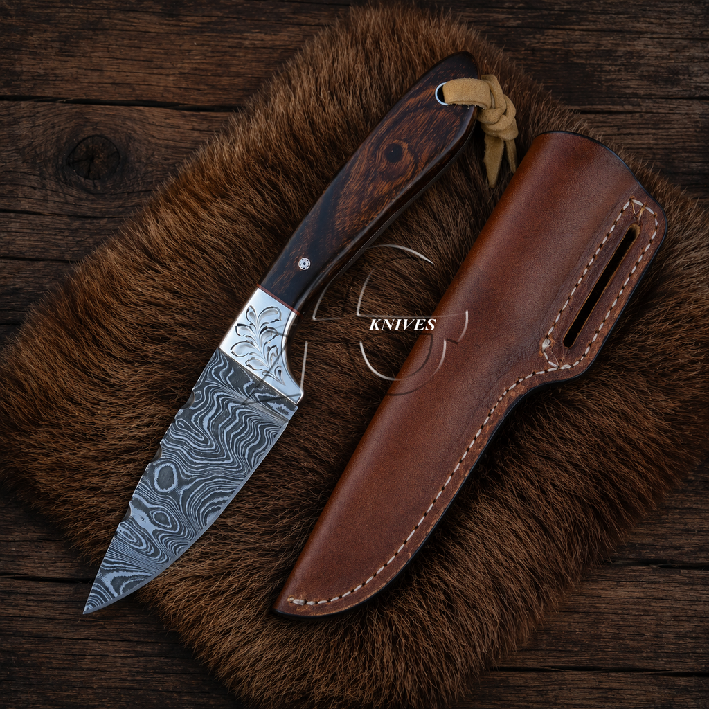 Handcrafted Damascus Blade Western Belt Knife Chocolate Wood Handle 8" Holster Leather Sheath