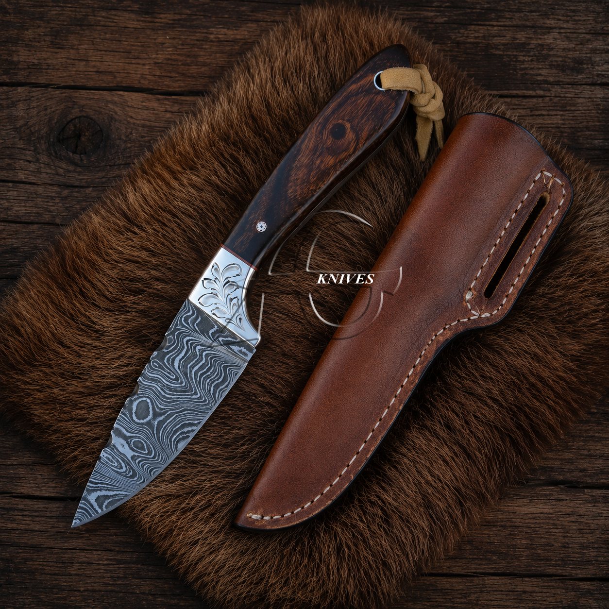 Handcrafted Damascus Blade Western Belt Knife Chocolate Wood Handle 8" Holster Leather Sheath
