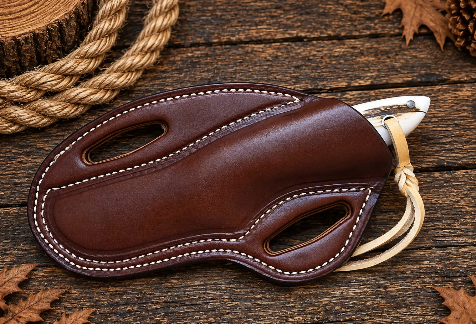 A brown leather knife sheath with white contrast stitching, shown on a rustic dark wood surface with a rope and autumn leaves in the background.