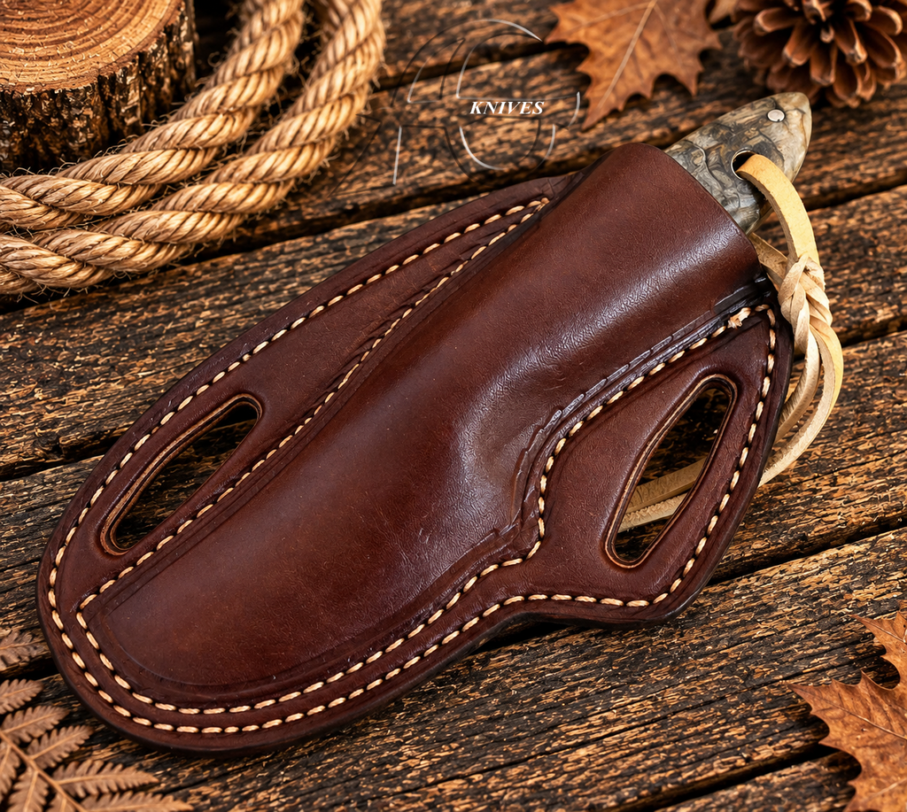 Western Bull Cutter Knife High Carbon Steel Blade Mountain Sheep Horn Handle 8.5" with Leather Sheath